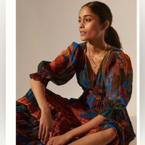 Farm Rio Puff Sleeve Multicolor Bohemian Maxi Dress